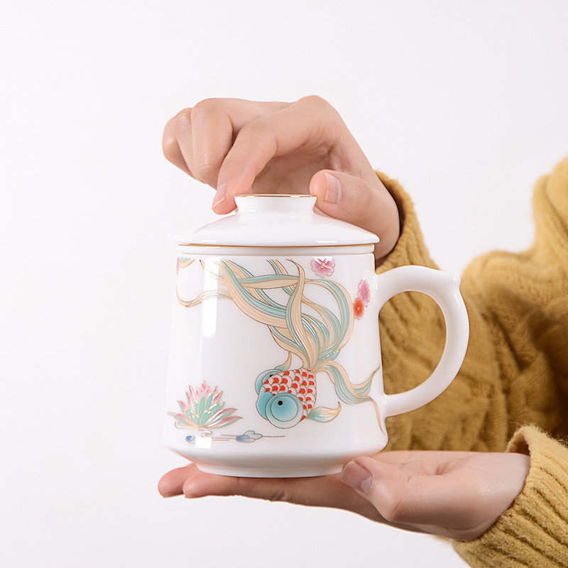 白瓷中式錦鯉馬克杯茶水分離泡茶杯帶蓋辦公室過(guò)濾喝茶杯家用水杯